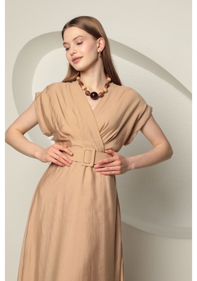 Rabia Çelik Kemerli Midi Nude Elbise Nude Nude