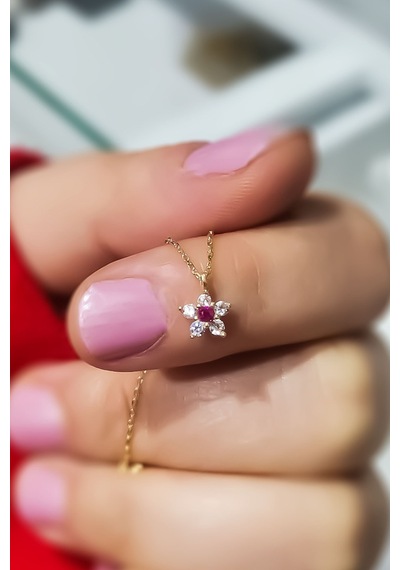 925 Ayar Gümüş Gold Kaplama Fuşya Taşlı Mini Çiçek Kolye