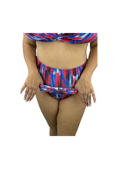 Büyük Beden Üçgen Sabit Pedli Desenli Toparlayıcı Yüksek Bel Kadın Bikini Takım Saks