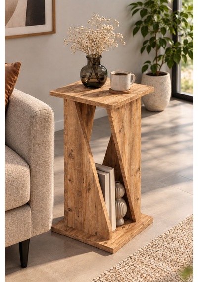 Sulorahome Modern Ahşap Görünümlü Dekoratif Yan Sehpa