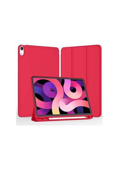 Apple Uyumlu iPad Air 11 İnç Kılıf M3 2025 / M2 2024 , Apple Uyumlu iPad Air 5. / 4. Nesil Kılıf 2022/2020 10,9 İnç Kalem Tutuculu, Yumuşak Tpu Arka Kısımlı Üç Katlı Akıllı Kılıf Kırmızı
