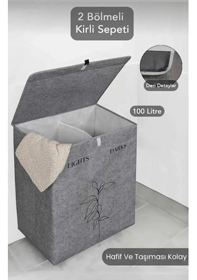 2 Gözlü Kompakt Kapaklı Derili Çamaşır Sepeti -katlanabilir Dayanıklı 100lt 53 X 33 X 60 Cm Gri-beyaz