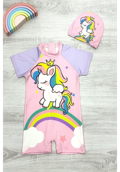 My Kids Wear Dalgıç Kumaş Gizli Fermuarlı Boneli Karakter Desenli Kız Çocuk Mayo Kırmızı - Lacivert