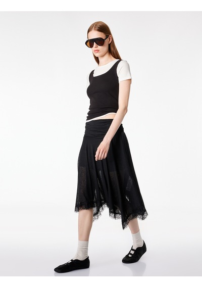 Koton Dantel Detaylı Asimetrik Slim Fit Midi Etek Siyah 6sal70061ık