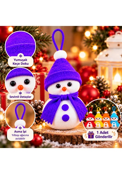 Bakgelal Yılbaşı Ağacı Süsü Kardan Adam Figürlü 16 Cm Keçe Şapkalı Ve Atkılı Asılabilir Dekoratif Süs Mor Şapkalı - 9047917995150