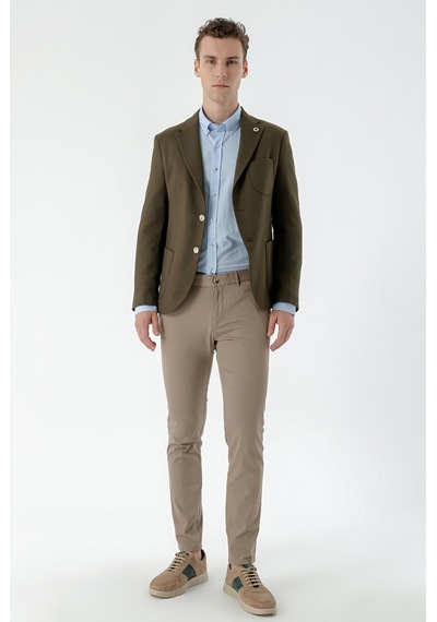 Morven Erkek Haki Dokuma Slim Fit Torba Cep Mono Yaka Spor Ceket Haki