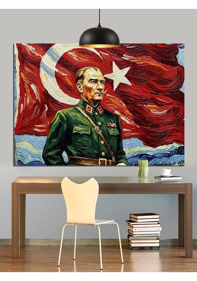 Atatürk Bayrak Portre Dekoratif Kanvas - Mdf Ahşap Tablo