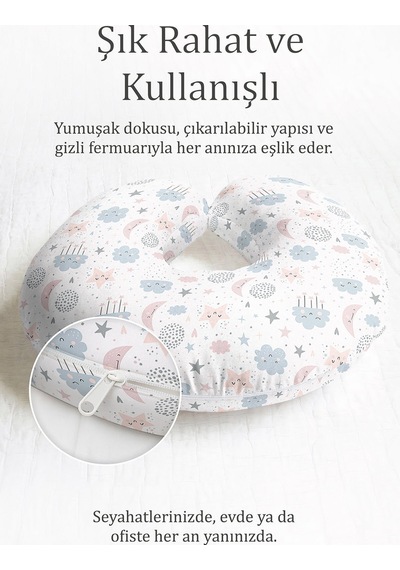 Sevimli Bulut Yıldız Ay Desenli Pamuklu Boyun Yastığı - Pastel Pembe Gri Seyahat Yastığı Açık Göl Kiremit Kırmızısı