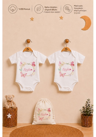 Pia Baby İsme Özel Kız Bebek Hediyesi 2'li %100 Pamuk Organik Baskılı Çıtçıtlı Body Zıbın Ve Ham Bez Kıyafet Kesesi 1077b2k2x Ekru