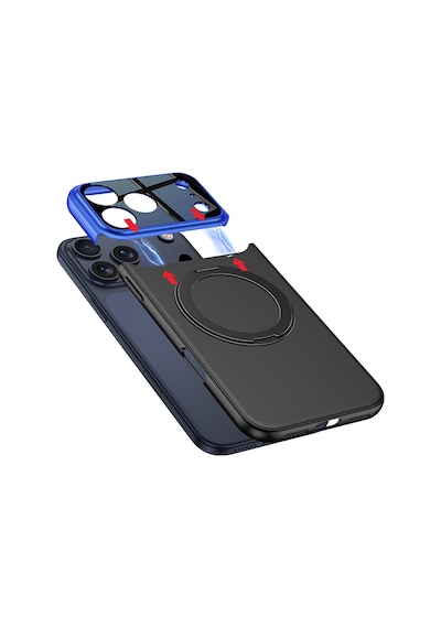 Apple iPhone Uyumlu 17 Pro Max Kılıf M-safe Şarj Özellikli 360 Derece Standlı Çift Parçalı Pazarplus Torino Kılıf Lacivert-siyah