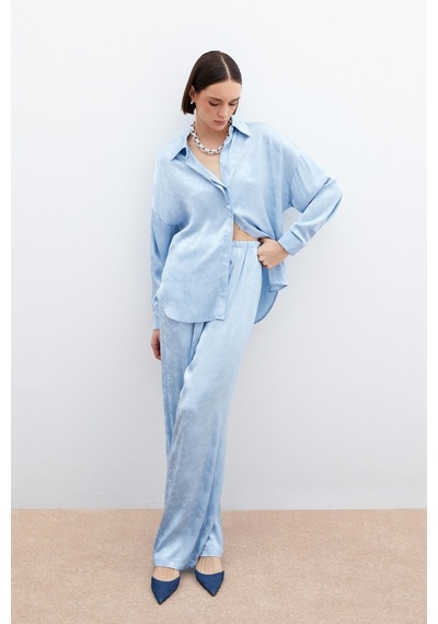 Sateen Jakarlı Saten Pantolon - Bebe Mavi-136049 Bebe Mavi