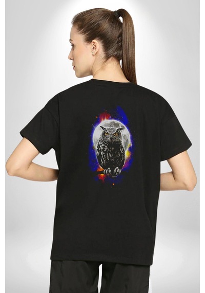 Baykuş Ay Gece Uğur Pamuklu Unisex Oversize Sırt Dijital Baskılı Siyah T-shirt Siyah
