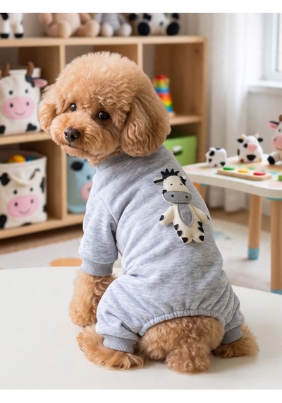 Moo Moo Cozy Köpek Tulumu Gri Melanj Kalın Penye Köpek Kıyafeti Yumuşak İnek Oyuncak Aksesuarlı