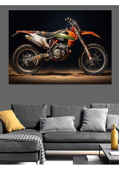 Dağlık Arazide Turuncu Cross Motosiklet Dekoratif Kanvas - Mdf Ahşap Tablo
