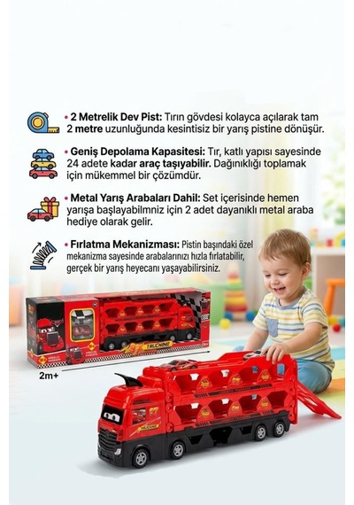 2 Katlı Taşıyıcı Ve 2m Yarış Pistli 24 Araç Kapasiteli 2 Küçük Arabalı Oyuncak Tır Seti