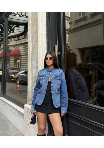 Out Of Standart Kadın Regular Fit Düğme Detaylı Denim Ceket Blue