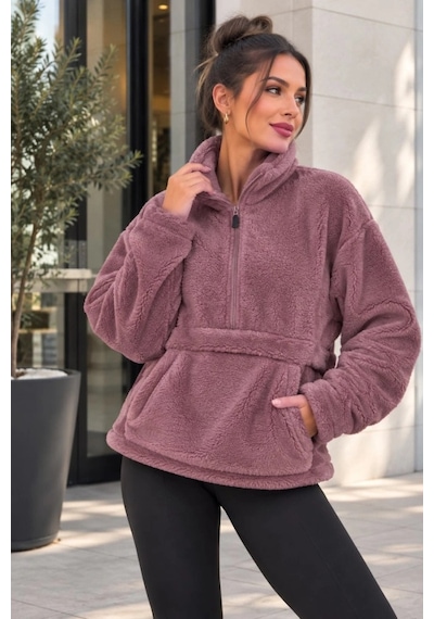 DefyModa Kadın Yarım Fermuarlı Kanguru Cepli Peluş Wellsoft Sweatshirt Gülkurusu