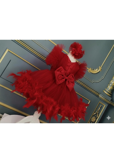 Star Kids Fashion Kız Çocuk Kırmızı Tüylü Elbise,kız Çocuk Mezuniyet Elbisesi,toka Dahil