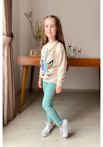 Koçak Kids Unicorn Desenli Kız Çocuk Yeşil Renk Taytlı Takım Yeşil