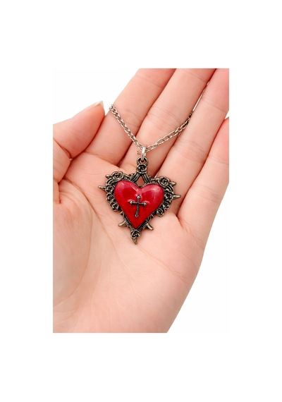 Kırmızı Kalp Ve Haç Detaylı Gotik Kolye Unisex Metal Zincir Çok renkli