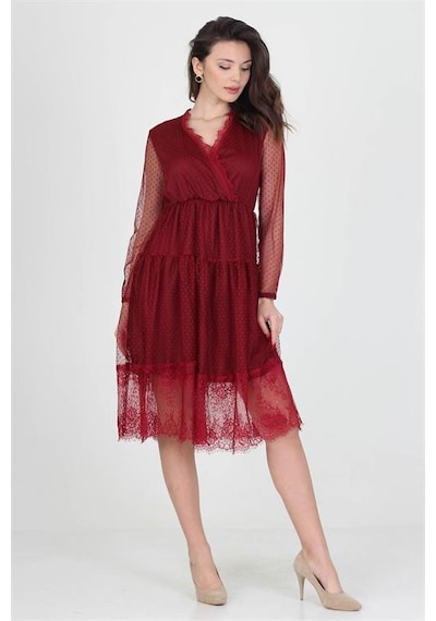 Neşeli Butik Neseli Butik Kruvaze Yaka Eteği Güpür Detaylı Yeni Sezon Elbise Nb0010 Bordo