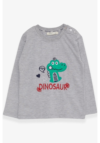 Breeze Erkek Bebek Uzun Kollu Tişört Dinozor Nakışlı 9 Ay-3 Yaş, Gri Melanj
