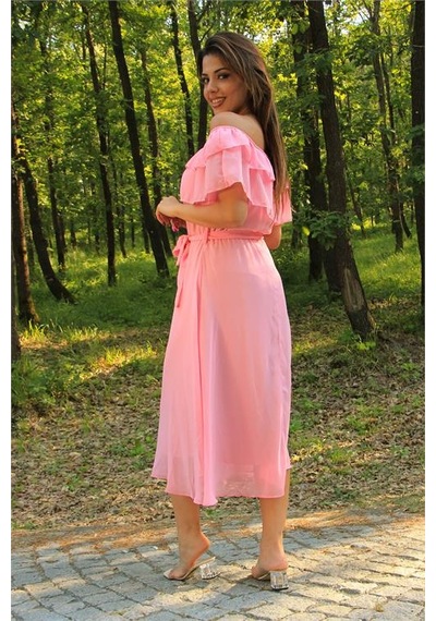 Neşeli Butik Kadın Pembe Kuşaklı Madonna Yaka Baby Shower Elbise Nb8060 Pembe