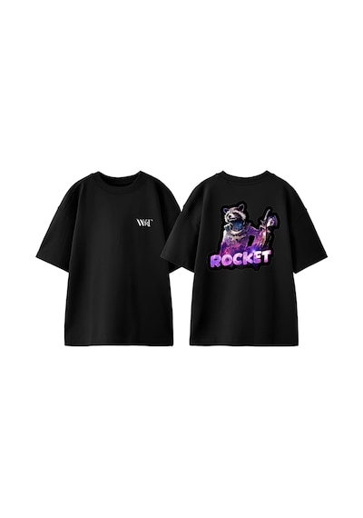 Thewert Rocket Galaxy Tasarım Sırt Baskılı Pamuk Siyah Oversize T-shirt