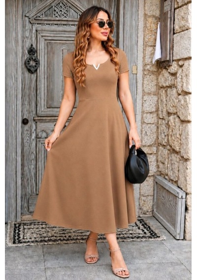 Efnaz Style Kadın Kısa Kollu V Yakalı Uzun Viskon Elbise Sütlü Kahve