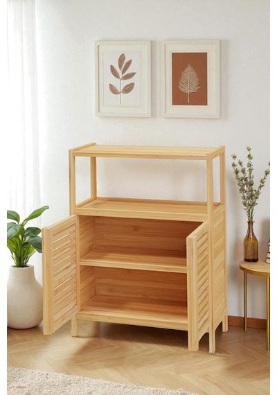 Digithome Bambu Çift Kapaklı 2 Raflı Banyo Düzenleyici Organizer Yatay Dolap Db-0038 Kahverengi