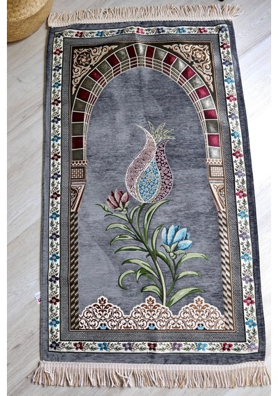 Lale Desenli Astarlı Lüks Seccade S1002 Gri Gri