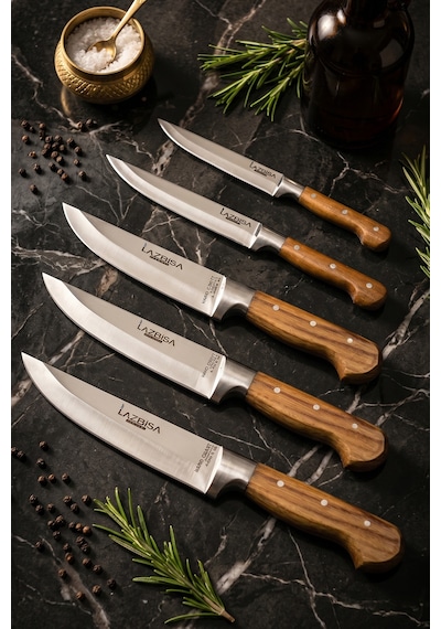 Lazbisa Mtf-032 Hand Craft Mutfak Bıçak Seti Et Ekmek Sebze Bıçağı 5 Li Set Günlük Kullanım Kahverengi