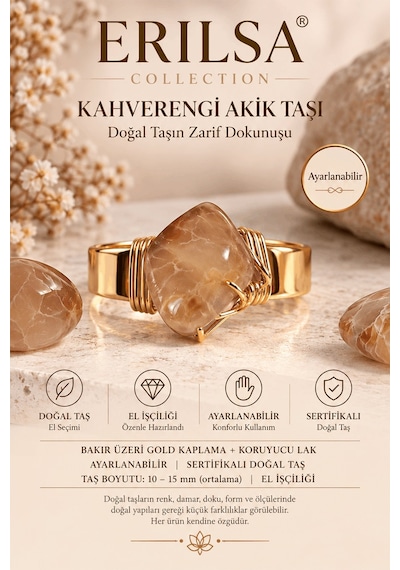 Sertifikalı Kahverengi Akik Taşı Doğal Taş Yüzük Gold Kaplama Bak Çok renkli