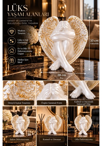 Beyaz Gold Kanatlı Melek Biblo 33 Cm Lüks Dekoratif Heykel