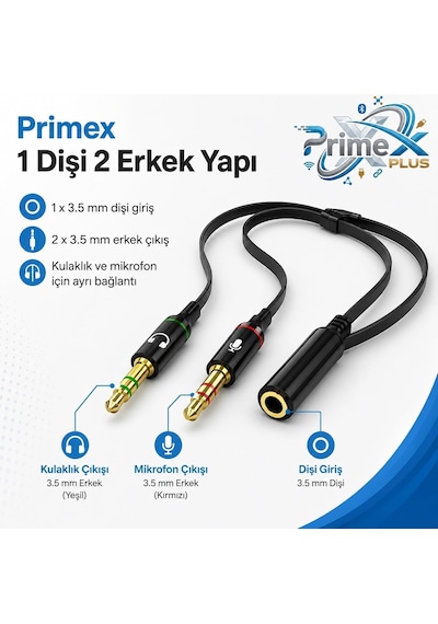Primex Px-8005 Kulaklık Mikrofon Ayırıcı, 3.5 Mm Jak 1 Dişi 2 Erkek Y Splitter, Tek Girişli Mikrofonlu Kulaklığı Pc Ve Laptopa Bağlama Çevirici