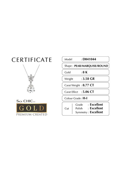 Beyaz Altın Sertifikalı Premium Created Damla Taşlı 5.06 Ct Effect Tektaş Kolye