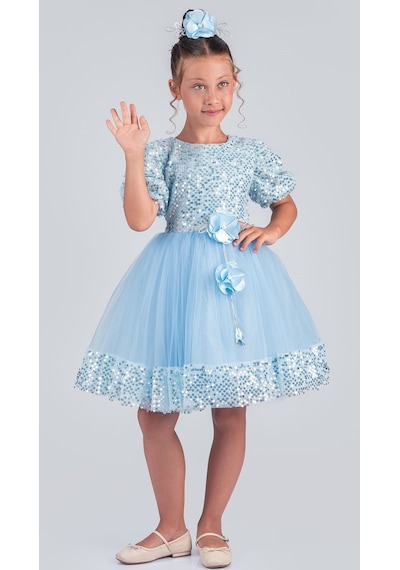 Mnk Baby & Kids Kız Çocuk Etek Ucu Pullu Venna Abiye Elbise M00761 Mavi