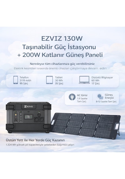 Ezviz 1300w Taşınabilir Güç İstasyonu + 200w Katlanır Güneş Paneli