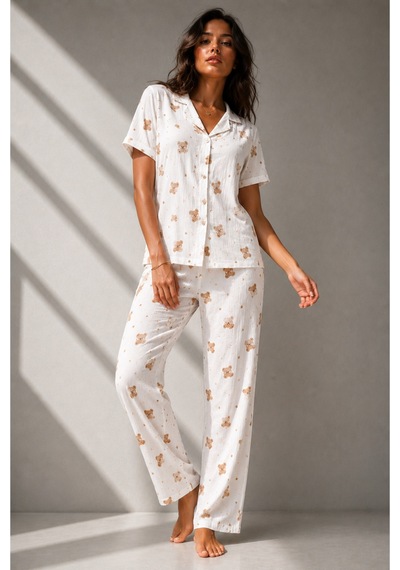 Kadın Klasik Doğal Düğme Gece Kırık Beyaz Pijama Takımı