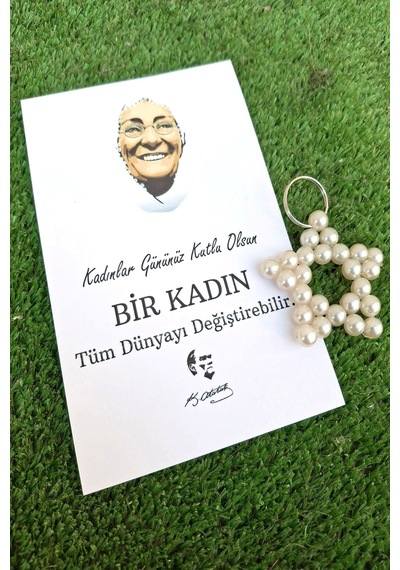 10 Adet Kadınlar Günü Zübeyde Hanım Kartlı İnci Yıldız Anahtarlık - Kadınlar Günü Hediyesi Jelatinli Beyaz