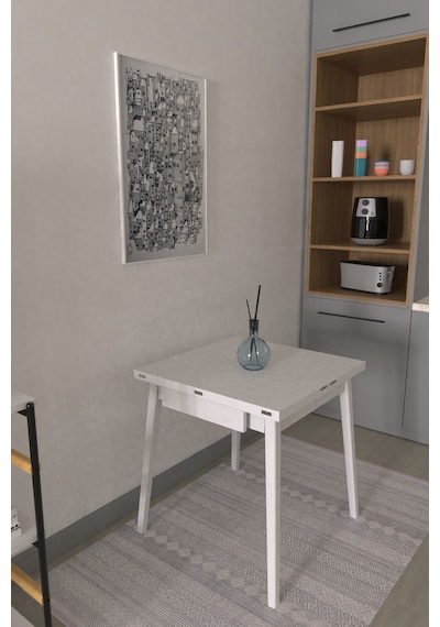 Vilinze Avanos Ahşap Katlanır Kanatlı Mdf Mutfak Masası - 70x70+70 70x140 Cm Beyaz