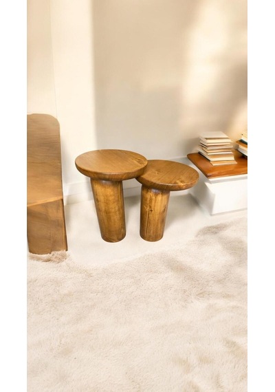 Wood Ahşap 2 Li Set Mantar Tik Ağacı Renk Yan Sehpa Modern Fiskos / Çiçeklik / Zigon Ceviz