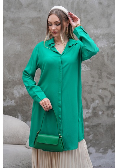 Polologin Butik Yeşili Dökümlü Uzun Gömlek Tunik Yeşil