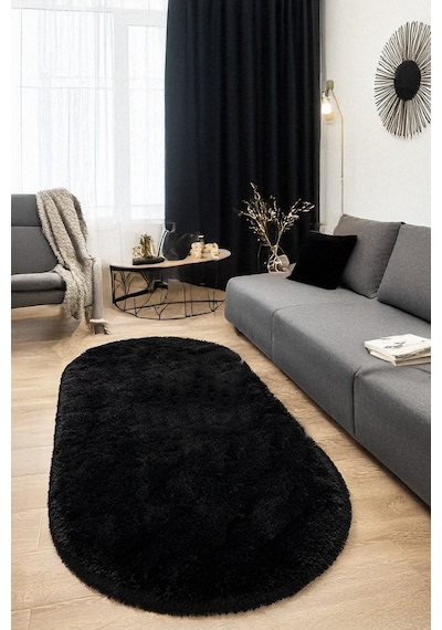 Siyah Oval Post Halı Peluş Yumuşak Kaymaz Dot Taban Makinada Yıkanabilir Yolluk Siyah