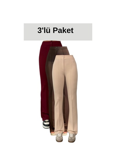 Thiff Gymwear Krep Kumaş Likralı Kadın Palazzo Pantolon 3'lü Set Bordo-kahverengi-bej