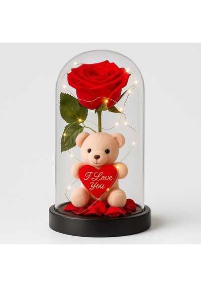 Dekoratif Tasarım Fanus Led Işıklı Kırmızı Gül I Love You Ayıcık Sevgiliye Romantik Aşk Hediye Seti