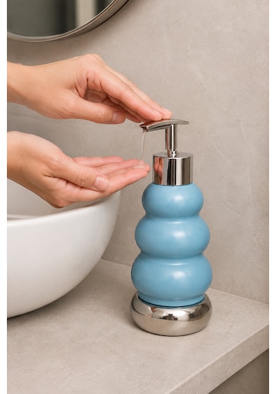 Trıo Dekoratif Premium 3 Boğumlu Sıvı Sabunluk 300 Ml Krom Görünümlü Pompalı Pastel Yeşil Banyo Ve Mutfak Sabun Dispenseri - 18,5 Cm X 7 Cm Mavi