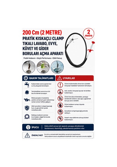 2 Metre Kıskaçlı Lavabo Açma Teli Tıkalı Banyo Lavabo Deliği Gider Boru Açma Teli 4 Kıskaçlı