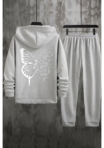 Uyguntarz Unisex Drawing Butterflies Sırt Baskılı Eşofman Takımı Gri