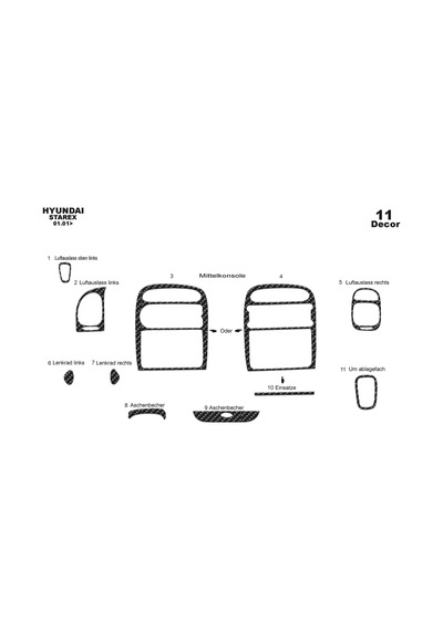 Hyundai Starex Torpido Kaplama 2001-2007 11 Parça Karbon